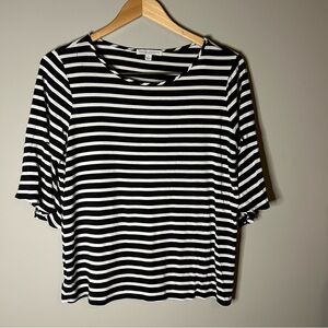 Green Envelope Black and White Striped Short Sleeve Top
